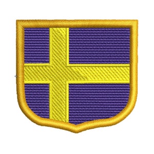May include: A yellow embroidered patch with a yellow cross on a purple background. The patch is shaped like a shield with a gold border.