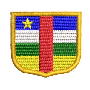 May include: A yellow, red, green, white, and blue embroidered patch in the shape of a shield with a gold star in the upper left corner.