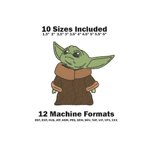 Puede incluir: Un personaje de dibujos animados verde y marrón con orejas grandes, que lleva un abrigo marrón. La imagen incluye el texto "10 Sizes Included" y una lista de tamaños en pulgadas, y "12 Machine Formats" con una lista de formatos de archivo.