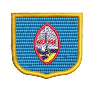 May include: A blue and gold embroidered patch with the seal of Guam. The seal features a palm tree, a boat, and the word "GUAM" in red.