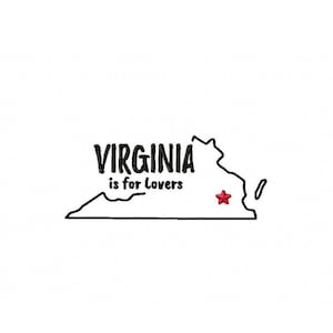 May include: Black and white outline of the state of Virginia with the text "VIRGINIA is for lovers" and a red star marking the location of Richmond.
