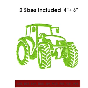 Puede incluir: Diseño de bordado de tractor verde en dos tamaños, 10 cm y 15 cm. El diseño está disponible en los siguientes formatos: ART, DST, EXP, HUS, JEF, PCS, PES, VIP, VR3.