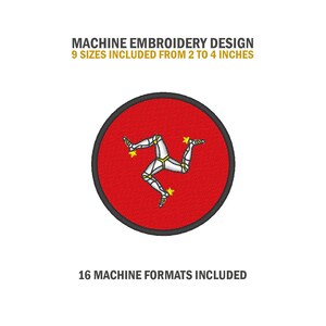 Puede incluir: Diseño de bordado a máquina de la bandera de la Isla de Man. La bandera es roja con un símbolo de tres piernas en blanco y estrellas doradas. El diseño está disponible en 9 tamaños de 2 a 4 pulgadas y 16 formatos de máquina.