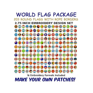 Peut inclure: Un ensemble de 203 motifs de broderie ronds représentant des drapeaux du monde entier. Chaque drapeau mesure 7 cm de diamètre et est bordé d'une corde. Les motifs sont disponibles en 16 formats de broderie. "WORLD FLAG PACKAGE" et "MAKE YOUR OWN PATCHES!" sont écrits en gras bleu.