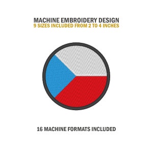 Può includere: Design di ricamo a macchina della bandiera della Repubblica Ceca. La bandiera è un cerchio con sfondo bianco, un triangolo blu nell'angolo in alto a sinistra e un rettangolo rosso nell'angolo in basso a destra. Il design include 9 dimensioni da 2 a 4 pollici e 16 formati di macchina.