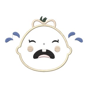 Puede incluir: Una ilustración de dibujos animados de un bebé con un lazo verde en la cabeza que llora con lágrimas azules. El bebé tiene un diente que le falta y llora con la boca abierta.