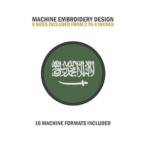 May include: Machine embroidery design of the Saudi Arabian flag. The flag is green with a white inscription and a white sword. The design is available in 9 sizes from 2 to 4 inches and 16 machine formats.