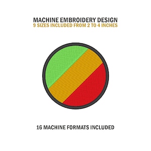 May include: Machine embroidery design of a circle with three colors: green, yellow, and red. The design is available in 9 sizes from 2 to 4 inches and 16 machine formats.
