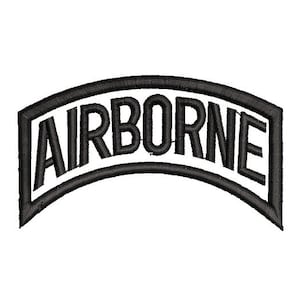 May include: Black and white embroidered patch with the word "AIRBORNE" in a curved shape.