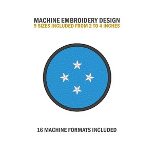 May include: Machine embroidery design of four white stars on a blue circle with a black outline.  The design is available in 9 sizes from 2 to 4 inches and 16 machine formats.
