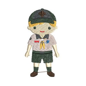 May include: A cartoon illustration of a boy scout wearing a green and brown uniform with a yellow neckerchief and a scout hat. He is smiling and has blonde hair.