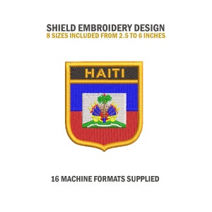 May include: Embroidered patch with a shield design featuring the Haitian flag. The shield is gold with a red, blue, and green flag inside. The text "HAITI" is written in black on a gold banner at the top of the shield. The patch is available in 8 sizes from 2.5 to 6 inches.