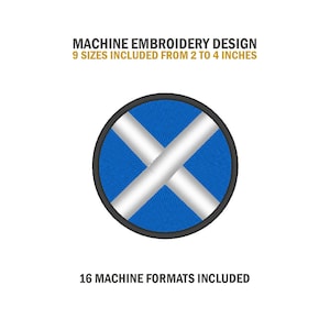 Peut inclure: Modèle de broderie machine d'un cercle bleu avec un X blanc à l'intérieur. Le motif est disponible en 9 tailles de 2 à 4 pouces et 16 formats de machine.