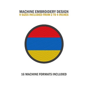 May include: Machine embroidery design of the Armenian flag. The flag is red, blue, and orange with a black outline. The design includes 9 sizes from 2 to 4 inches and 16 machine formats.