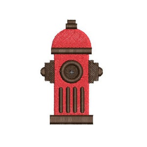 May include: Red fire hydrant with a brown top and base. The hydrant has a brown circle with a plus sign in the center.