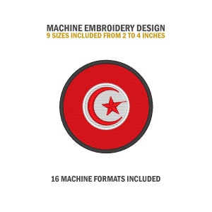 Peut inclure: Modèle de broderie machine du drapeau tunisien. Le drapeau est rouge avec un croissant de lune blanc et une étoile rouge à cinq branches au centre. Le motif comprend 9 tailles de 2 à 4 pouces et 16 formats de machine.