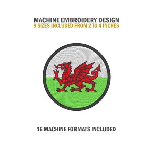 May include: A red dragon with a white and green background in a circle. Machine embroidery design, 9 sizes included from 2 to 4 inches. 16 machine formats included.