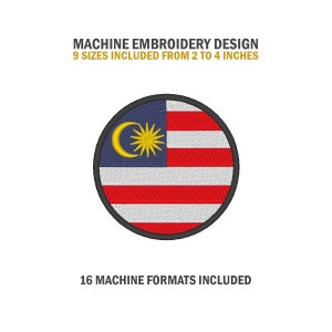 May include: Machine embroidery design of the Malaysian flag in a circle. The flag is red, white, blue, and yellow. The design includes 9 sizes from 2 to 4 inches and 16 machine formats.