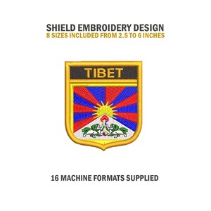 Könnte beinhalten: Ein goldfarbenes, schildförmiges Stickdesign mit der tibetischen Flagge und dem Text "TIBET" in Schwarz. Das Design ist in 8 Größen von 2,5 bis 6 Zoll erhältlich und umfasst 16 Maschinenformate.
