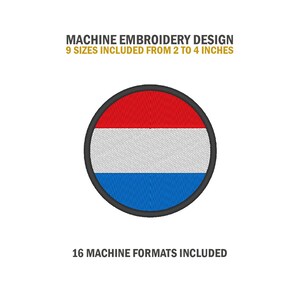 May include: Machine embroidery design of the Dutch flag in a circle. The flag is red, white, and blue. The design comes in 9 sizes from 2 to 4 inches and 16 machine formats.