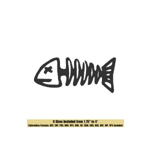 May include: Black and white embroidery design of a fish skeleton. The design is available in 9 sizes ranging from 1.75 inches to 4 inches. Embroidery formats include DST, EXP, PCS, HUS, VP3, SHV, JEF, SEW, CSD, XXX, ART, VIP, and VP3.