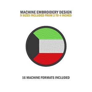 May include: Machine embroidery design of the flag of Kuwait. The flag is a circle with a green, white, and red horizontal stripe. The top left corner of the circle is black. The design includes 9 sizes from 2 to 4 inches and 16 machine formats.