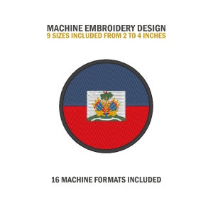 Puede incluir: Diseño de bordado a máquina de la bandera de Haití. La bandera es un círculo con un diseño azul, blanco y rojo. El diseño incluye 9 tamaños de 2 a 4 pulgadas y 16 formatos de máquina.