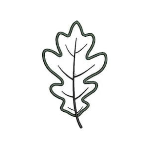 Puede incluir: Un dibujo de línea simple de una hoja de roble en color verde oscuro.