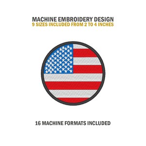 Pode incluir: Design de bordado de máquina de um patch circular da bandeira americana. O design inclui 9 tamanhos de 2 a 4 polegadas e 16 formatos de máquina.