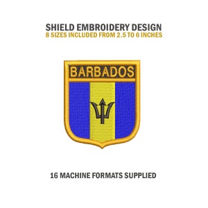 Könnte beinhalten: Ein goldener Schild mit einer blauen und gelben Flagge von Barbados. Der Schild trägt den Text "BARBADOS" oben und einen schwarzen Dreizack in der Mitte. Der Text "16 MACHINE FORMATS SUPPLIED" befindet sich unter dem Schild.
