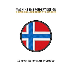 Könnte beinhalten: Maschinenstickdesign der norwegischen Flagge in einem Kreis. Die Flagge ist rot, weiß und blau. Das Design umfasst 9 Größen von 2 bis 4 Zoll und 16 Maschinenformate.