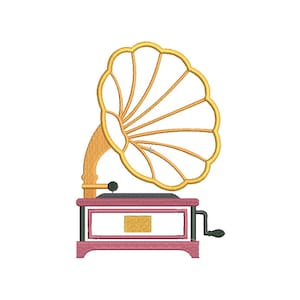 May include: A vintage-style gramophone with a large, golden, shell-shaped horn. The gramophone is pink and has a crank on the side.