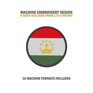 May include: Machine embroidery design of the flag of Tajikistan. The flag is red, white, and green with a gold crown and seven stars in the centre. The design is available in 9 sizes from 2 to 4 inches and 16 machine formats.