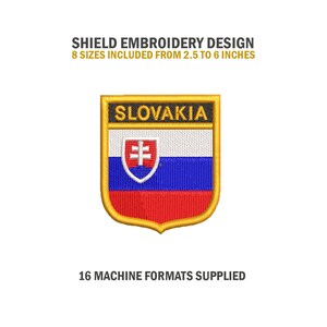 Può includere: Toppa ricamata della bandiera slovacca a forma di scudo con la parola "SLOVAKIA" sopra la bandiera. La toppa è disponibile in 8 dimensioni da 2,5 a 6 pollici e viene fornita in 16 formati macchina.