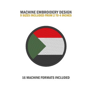 May include: Machine embroidery design of the flag of Sudan. The flag is red, white, and black with a green triangle in the top left corner. The design includes 9 sizes from 2 to 4 inches and 16 machine formats.