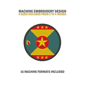 May include: Machine embroidery design of the flag of Grenada. The flag is a green, red, and yellow triband with a single yellow five-pointed star in the center. The design includes 9 sizes from 2 to 4 inches and 16 machine formats.