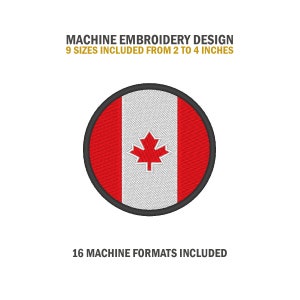 May include: Machine embroidery design of the Canadian flag in a circle. The flag is red and white with a red maple leaf in the center. The design comes in 9 sizes from 2 to 4 inches and 16 machine formats.