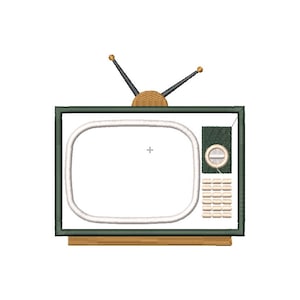 May include: A vintage-style television with a green frame, a white screen, and a brown base. The television has a knob on the right side and a pair of antennas on top.