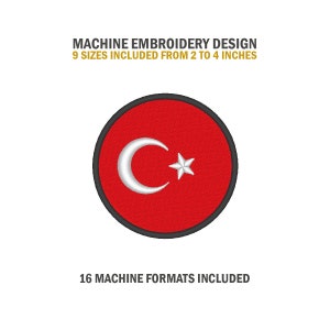 Op de afbeelding: Machine borduurontwerp van de Turkse vlag, een rode cirkel met een witte halve maan en ster. 9 maten inbegrepen van 2 tot 4 inch. 16 machineformaten inbegrepen.