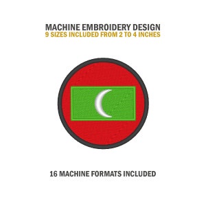 May include: Machine embroidery design of the flag of the Maldives. The flag is red with a green rectangle in the center. The rectangle has a white crescent moon in the center. The design includes 9 sizes from 2 to 4 inches and 16 machine formats.
