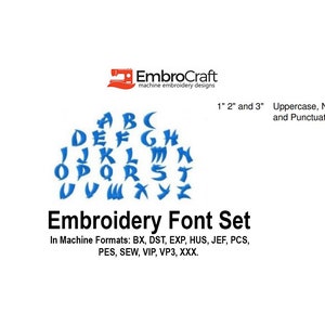 May include: Blue embroidery font set with uppercase letters, numbers, and punctuation marks. The font is in a karate style. The font set is available in 1", 2", and 3" sizes. The font set is available in BX, DST, EXP, HUS, JEF, PCS, PES, SEW, VIP, VP3, and XXX formats.