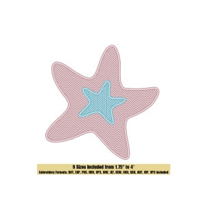 Puede incluir: Diseño de estrella de mar bordada en rosa y azul con un patrón de chevron. 9 tamaños incluidos de 1,75 pulgadas a 4 pulgadas. Formatos de bordado: DST, EXP, PCS, HUS, VP3, SHV, JEF, SEW, CSD, XXX, ART, VIP, VP3 incluidos.