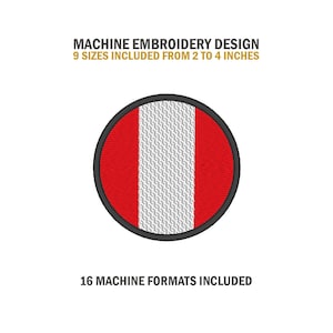 May include: Machine embroidery design of the flag of Peru. The design is a circle with a red and white stripe pattern. The design is available in 9 sizes from 2 to 4 inches and 16 machine formats.