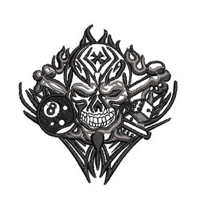May include: Black and white embroidered patch featuring a skull with flames, a pool cue, and a billiard ball with the number 8.