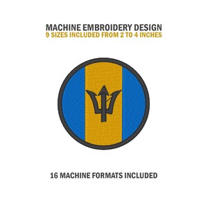 Könnte beinhalten: Maschinenstickdesign der Flagge von Barbados. Die Flagge ist blau und gelb mit einem schwarzen Dreizack in der Mitte. Das Design umfasst 9 Größen von 2 bis 4 Zoll und 16 Maschinenformate.