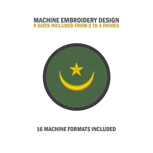 May include: A machine embroidery design featuring a green circle with a gold crescent moon and star. The design includes 9 sizes from 2 to 4 inches. The text reads: MACHINE EMBROIDERY DESIGN, 9 SIZES INCLUDED FROM 2 TO 4 INCHES, and 16 MACHINE FORMATS INCLUDED.