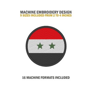 May include: Machine embroidery design of the Syrian flag. The flag is red, white, and black with two green stars. The design comes in 9 sizes from 2 to 4 inches and includes 16 machine formats.