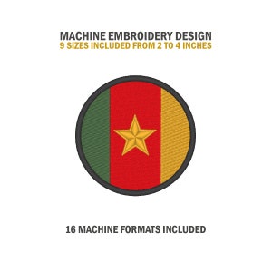 May include: Machine embroidery design of the flag of Cameroon. The flag is a circle with a green, red, and yellow stripe. A yellow five-pointed star is in the center of the red stripe. The design includes 9 sizes from 2 to 4 inches and 16 machine formats.