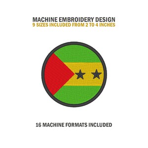 Puede incluir: Diseño de bordado a máquina de la bandera de Santo Tomé y Príncipe. La bandera es roja, amarilla y verde con dos estrellas negras. El diseño está disponible en 9 tamaños de 2 a 4 pulgadas y 16 formatos de máquina.