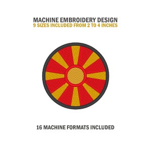 May include: Machine embroidery design of the flag of North Macedonia. The flag is a red circle with a yellow sun in the center. The sun has eight rays and is surrounded by a yellow ring. The design includes 9 sizes from 2 to 4 inches and 16 machine formats.